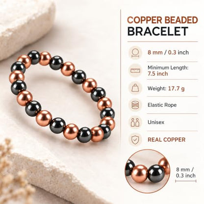 Pure Copper Bracelets for Women Men Waterproof Healing Cuff Bracelets for Men Adjustable Chunky Healing Copper Bangle Jewelry Gifts - color: copper-beaded