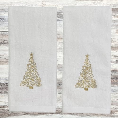 Christmas White Guest Hand Bathroom Towels, Elegant Gold XMas Tree, 16x26" - color: Gold Tree