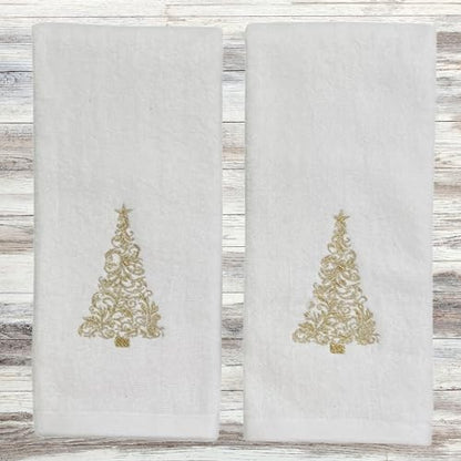 Christmas White Guest Hand Bathroom Towels, Elegant Gold XMas Tree, 16x26" - color: Gold Tree
