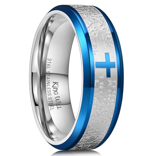 King Will Stainless Steel Men Ring Lord's Prayer Cross Ring Stainless Steel Men Wedding Ring, Wedding Band Bible Engraved Rings High Polished, Comfort Fit - color: Sliver&Blue