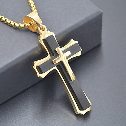 OLEVS Men's Cross Pendant Necklace Large Stainless Steel Cross Pendant Necklace for Men Women - color: gold-black