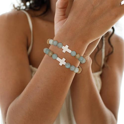 COLOYAN 9Pcs Cross Natural Stone Beaded Stretch Bracelets for Women - color: B-amazonite