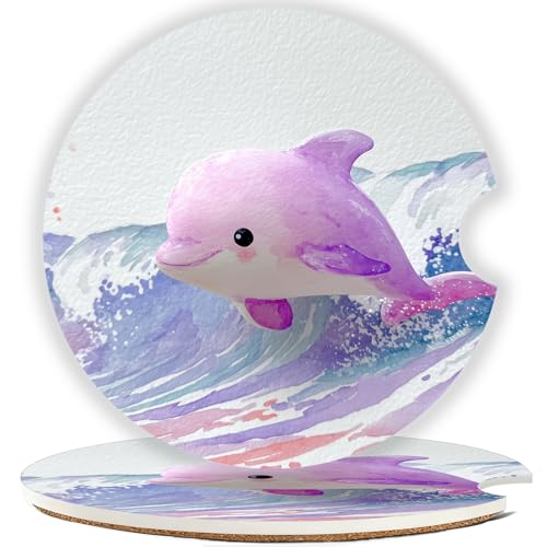 Ceramic Car Cup Holder Coasters Set of 2, 2.56 in Purple Dolphin - color: Purple Dolphin