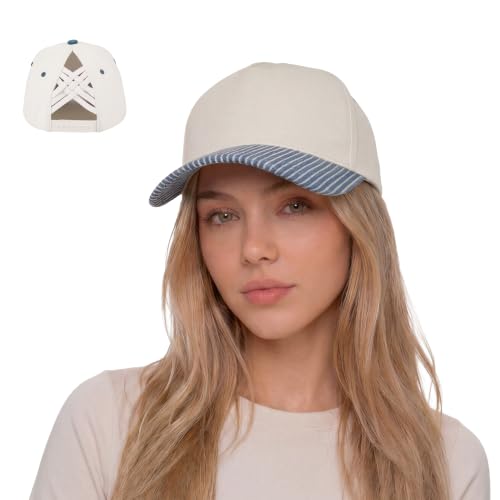 C.C Women's Criss-Cross Ponytail Trucker Hat - Snapback, One Size - color: Pinstripe-denim1