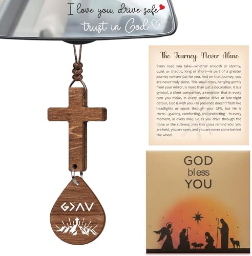 Cross for Car Mirror Hanging Christian Gifts for Men, Women, Scan Phone for Daily Bible Verse, Christian Cross Ornament, Religious Gifts for Men, Wooden Hanging Car Ornament - color: God is Greater