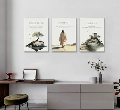 3pcs Framed Bible Verse Jesus Canvas Wall Art Earthy Beige Gray Green - color: Colorful, size: 16x24 Framed