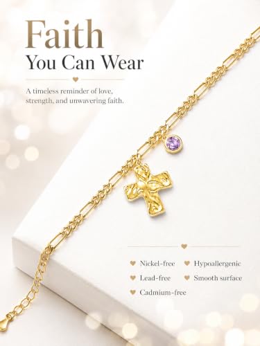14K Gold Cross Religious Christian Birthstone Women Bracelet Gifts