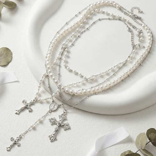 Layered Cross Necklace Silver Set for Women, 4-Piece Chunky Pearl Cross Stack Christian Necklaces, Adjustable Vintage Long Y Boho Gothic Statement Jewelry Gift - style: Silver 2-4Pcs