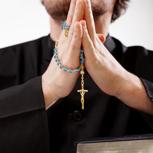 KOMI Crystal Rosary Beads with Jesus Crucifix, Catholic Necklace for Women First Communion Rosarios Wedding Rosary with Velvet Bag - style: 8MM-blue