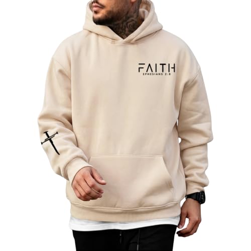 Christian Hoodies for Men Faith Cross Graphic Hoodie Jesus Fleece Sweatshirts Bible Verse Religious Pullover Tops - color: Apricot, size: Large