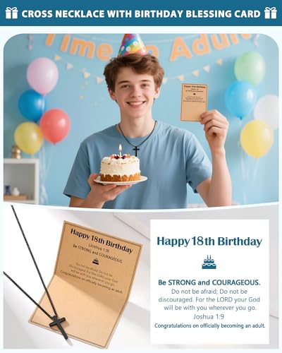 Birthday Gift Cross Necklace for Boy 8–30 Year Old with Joshua Card - style: 18th birthday