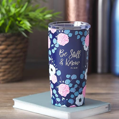 Christian Art Gifts Stainless Steel Double-Wall Vacuum Insulated Travel Mug 18 oz Navy Blue with Pink Floral Tumbler with Lid for Women with Inspirational Bible Verse - Be Still & Know -Psalm 46:10 - color: Navy Blue/Be Still