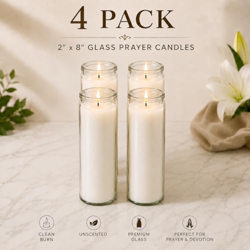 White Prayer Glass Candles Unscented, Bundle 4 Pack