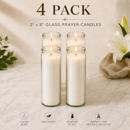 White Prayer Glass Candles Unscented, Bundle 4 Pack