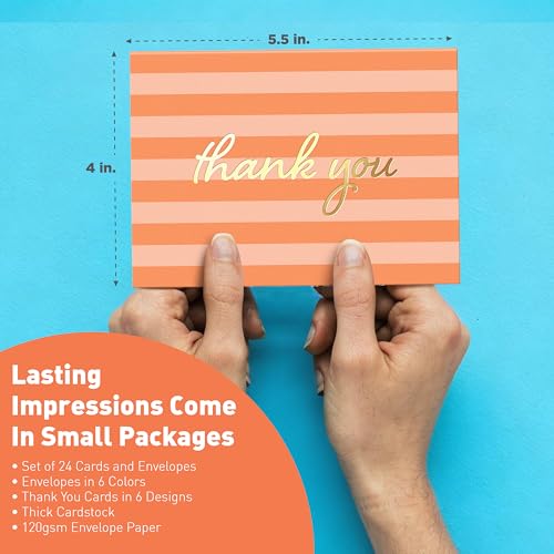 Sweetzer & Orange S&O Thank You Cards Boxed Set, 24 Pack Coastal Stripes Notes With Gold Foil, 4" x 5.5" Blank Cards With 6 Designs and 6 Color Envelopes, Assorted Thank You Stationery