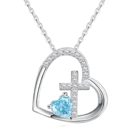 JSJOY Cross Necklace Christian Gifts for Women Heart Birthstone Necklace Religious Birthday Gifts for Mom Daughter Christmas Stocking Stuffers Baptism Confirmation Gifts for Teens - color: Silver - 03 Aquamarine