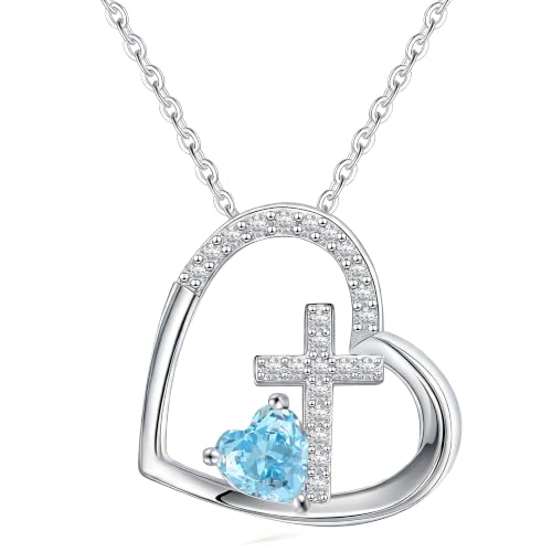 JSJOY Cross Necklace Christian Gifts for Women Heart Birthstone Necklace Religious Birthday Gifts for Mom Daughter Christmas Stocking Stuffers Baptism Confirmation Gifts for Teens - color: Silver - 03 Aquamarine