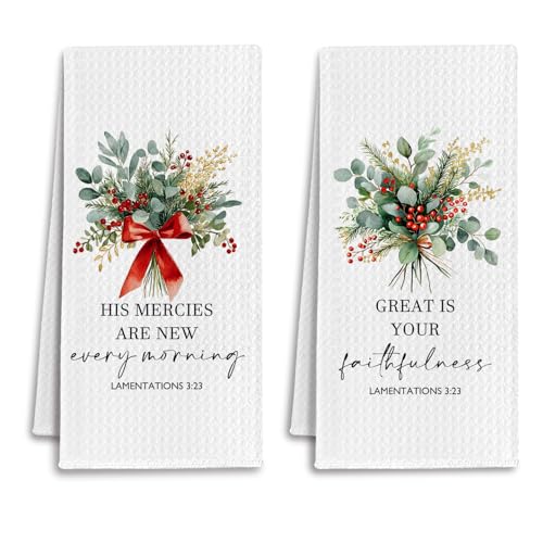 Christian Christmas Mistletoe Kitchen Towels, Lamentation 3:23 Bible Verse Dish Tea Towels for Kitchen, Red Bow Xmas Holly Berry Decorative Hand Towel for Bathroom, 16x24 Inch Set of 2 - color: Red Holly