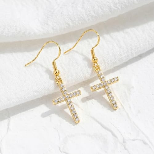 Cross Earrings for Women with 925 Sterling Silver Hooks for Sensitive Ears - color: Gold Tone, CZ
