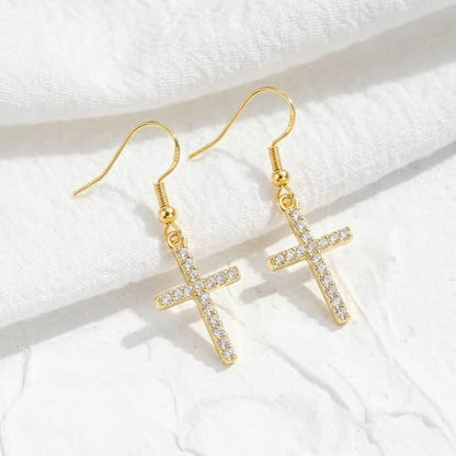 Cross Earrings for Women with 925 Sterling Silver Hooks for Sensitive Ears - color: Gold Tone, CZ
