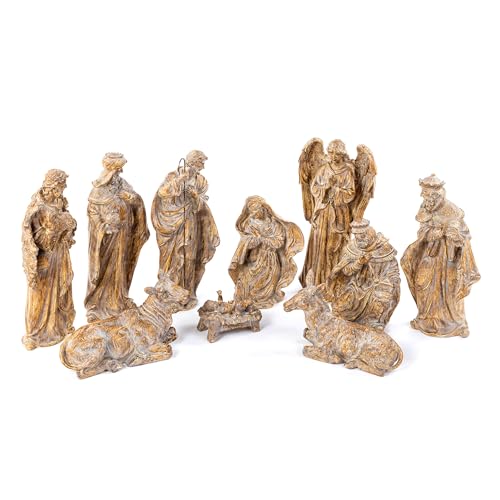 Glitzhome Nativity Set for Christmas Indoor Decorations, 10-Piece Large Bronze Nativity Figurines Sets 18.5" x 50", Resin Tabletop Scenes Figures Xmas Collectibles Figurine Statue Holiday Decor - color: Bronze