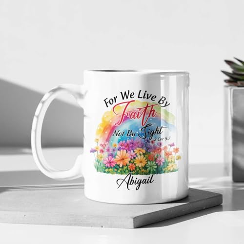 Novelty Christian Themed Mug, Customized Name Rainbow And Flowers Design Cup, Custom Christian Bible Verse Cup, Personalized Christian Mug For Adult, Religious Cup 11Oz Or 15Oz - color: TRI-1223-1152-FOR WE LIVE BY FAITH MUG