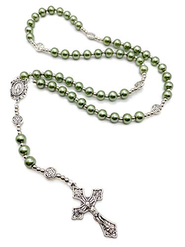 Nazareth Store Pearl Beads Rosary Miraculous Prayer Necklace Strong Metal Mystery Beaded Rosary for Men & Women - color: Green
