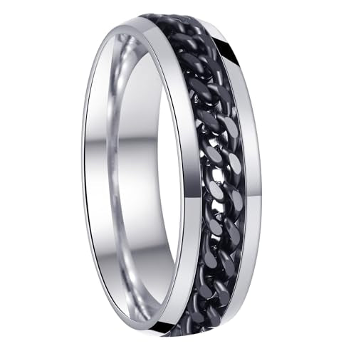 Mens Fidget Rings Anxiety Ring for Men 6mm 8mm Chain Spinner Ring Size 5-14 - color: Titanium Silver Black
