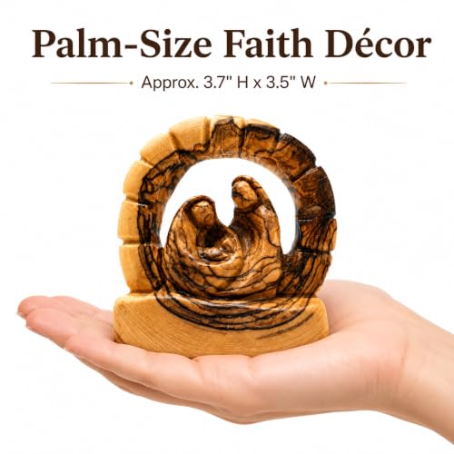 Zuluf Olive Wood Bethlehem Grotto Nativity Statue 3.7 Inch, Hand-Carved Cave of the Nativity Sculpture with Mary Joseph and Baby Jesus, Catholic Manger Scene Christmas Pilgrim Souvenir Gift - color: 3.7" Arch Nativity