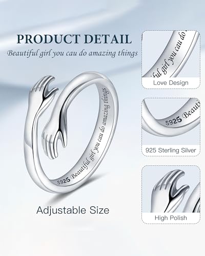 LOVECOM S925 Sterling Silver Hug Rings for Women Teen Girls Mother Daughter - color: Beautiful girl you can do amazing things, size: US Size 7