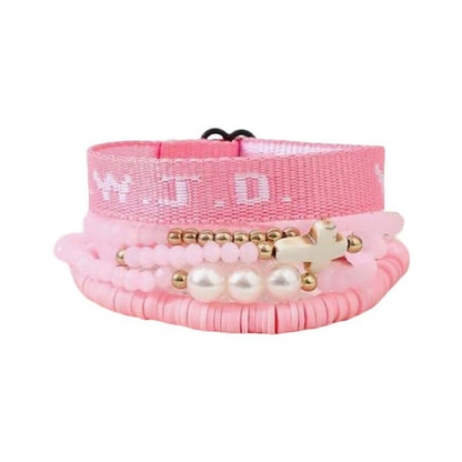 WWJD Bracelets Set WWJD Wristbands Christian Cross Bracelet Stackable Clay Bead Bracelets Stretch Glass Beaded Inspirational Christian Jewelry Gift for Couples Women Men - color: 5 Pcs Pink