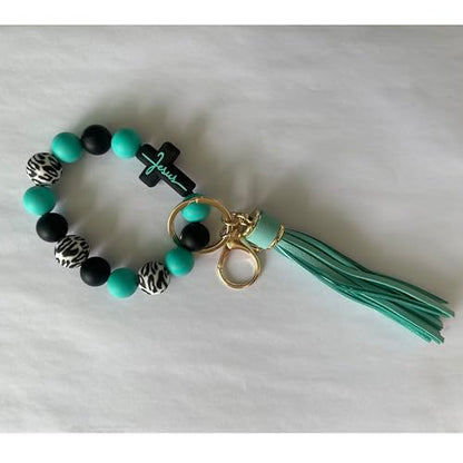Silicone Beaded Jesus Cross Wristlet Keychain Leather Tassel,Key Ring Wrist Bangle,Key Chains Bracelet Women - color: Green Cross