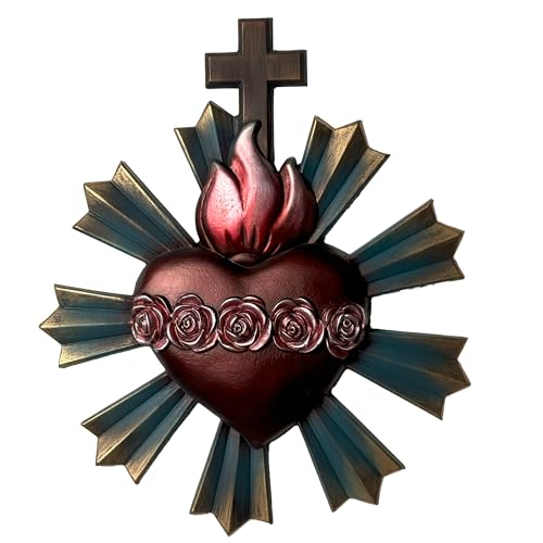 XXLTY Flaming Sacred Heart of Jesus Wall Decor Handcrafted Catholic Wall Art for Home Sacred Heart Decor 14 * 12Inch Spiritual Gift - color: Rose bronze sacred heart