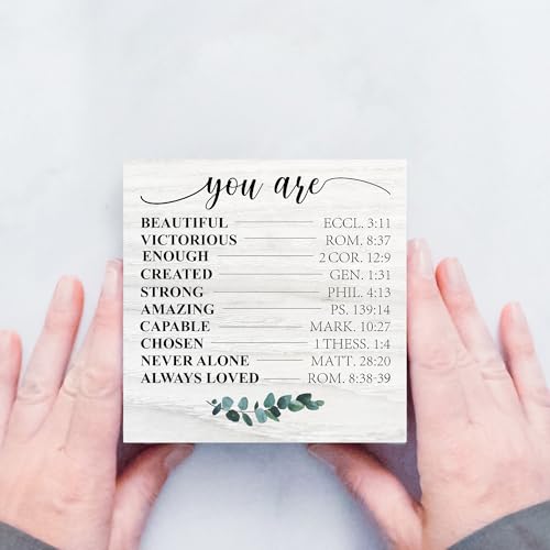 Christian Decor Box Sign for Home Office, Scripture You Are Beautiful Victorious Enough Created Strong, Religious Wooden Sign 5x5 Inches - color: Red
