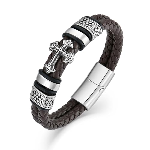 Mens Christian Cross Double Row Leather Bracelet, Religious Braided Cuff Bracelet for Men - color: Brown, size: 8.1 inches