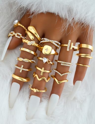 Gold Stackable Rings Set for Women, Gold Plated Chunky Crystal Finger Rings - color: Gold CZ
