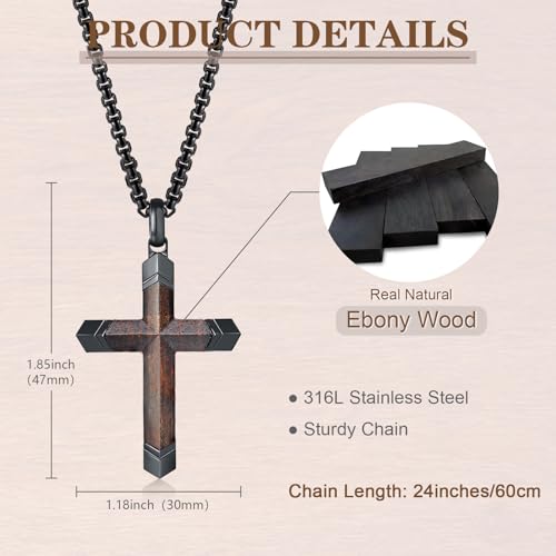FLHEART Wooden Cross Bible Verse Necklace for Men, Hawaiian Handmade Real Black Ebony Wood Cross Pendant Stainless Steel Chain, Mens Cross Necklaces Koa Wood Jewelry Christian Baptism Easter Gifts - style: Joshua 1:9 - 1pc