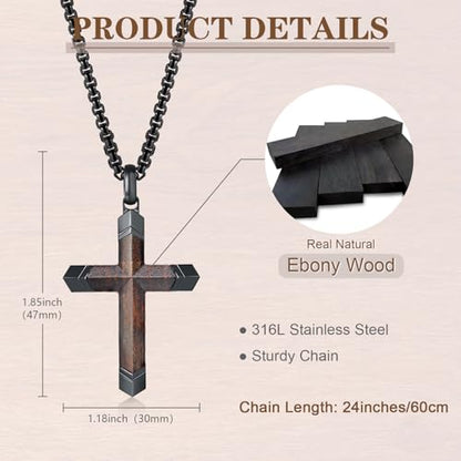 FLHEART Wooden Cross Bible Verse Necklace for Men, Hawaiian Handmade Real Black Ebony Wood Cross Pendant Stainless Steel Chain, Mens Cross Necklaces Koa Wood Jewelry Christian Baptism Easter Gifts - style: Joshua 1:9 - 1pc
