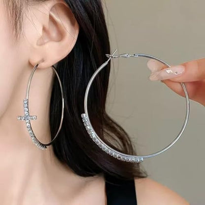 Cross Hoop Earrings for Women Trendy Large Cross Rhinestone Sparkly Hoop Earings Prom Wedding Party Formal Jewelry - color: silver W2
