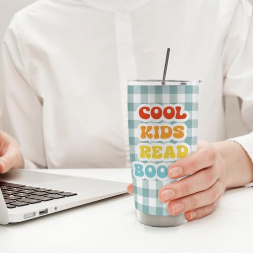 Blue Gingham Cool Kids Read Books 20oz Travel Coffee Mug Tumbler - color: cool