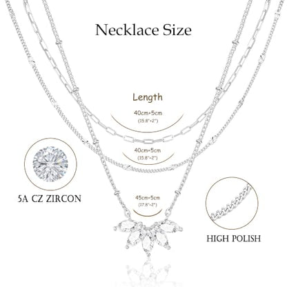 3PCS Gold Silver Layered Necklaces for Women Trendy - color: Silver&Flower