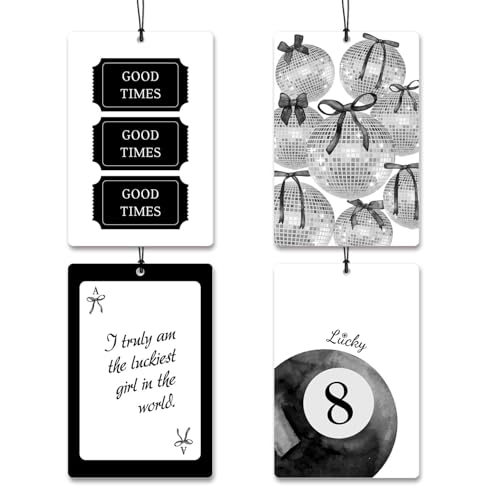 Disco Ball Car Air Freshener 4Pcs,Lucky 8 Ball Hanging Freshies,Ace Card Rearview Mirror Decor,Retro Black White Car Accessories,Coquette Bow Aesthetic Car Gifts - color: black