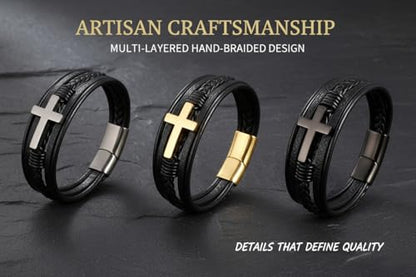 Stainless Steel Braided Leather Bracelet for Men Cuff Bangle Cross - color: 3 Colors