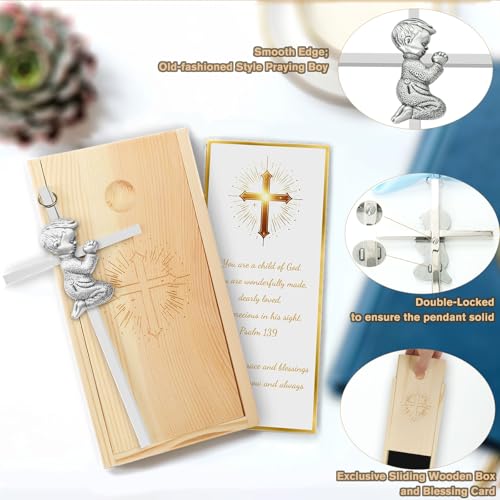 Baptism Gifts for Boys & Girls,First Communion Gifts for Kids,Christening Baby Shower Party 6in Praying Cross (1pc Silver Boy with Wooden Box) - color: Blue
