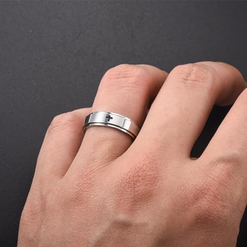 Minimalist Cross Stainless Steel Spinner Ring Anxiety Stress Relieving Rotating Fidget 6mm Band Rings for Men Women Christian Religious Relief Couple Cool Jewelry - color: silver 12
