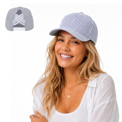 C.C Women's Criss-Cross Ponytail Trucker Hat - Snapback, One Size - color: Cotton Stripe-navy