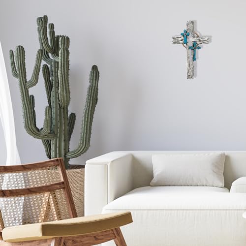 Layered Faux Driftwood Cutout Wall Cross - Resin Rustic Turquoise Crucifix