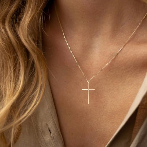 NIXMAX Small Cross Necklace for Women, 14K Gold Silver Plated Pendant - color: Gold-Skinny Cross