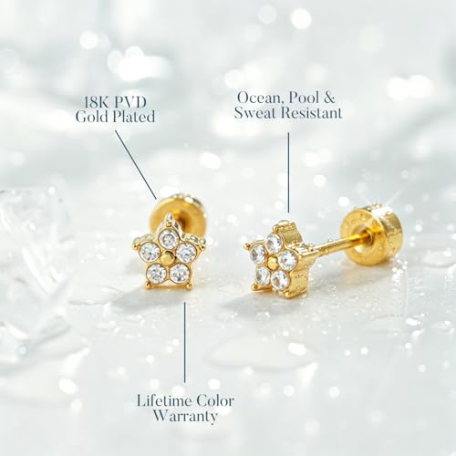Small Moissanite Stud Earrings for Women, Stainless Steel Screw-Back Plated in 18K Yellow Gold D VSS 1, Jewelry Gifts, 2 x 3mm stones and 0.1-0.72ct/pair - color: Gold Flower