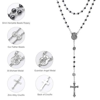 Catholic Rosary Beads for Men with Case and 18PCS Payer Cards, St Michael the Archangel Medal, First Communion Gifts for Boy - Faith Jewelry for Prayer & Spiritual Gifts